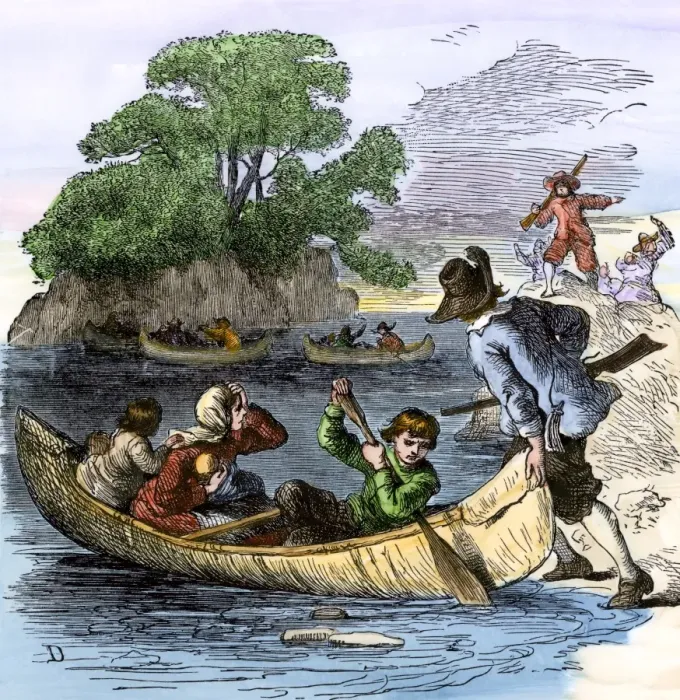 Framed Print : Carolina colonists fleeing in canoes from a Native American attack Framed Print : Carolina colonists fleeing in canoes from a Native American attack
