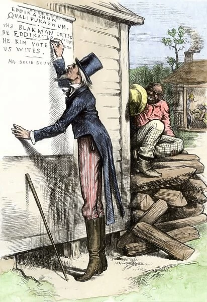 Cartoon about literacy tests in the South, 1870s