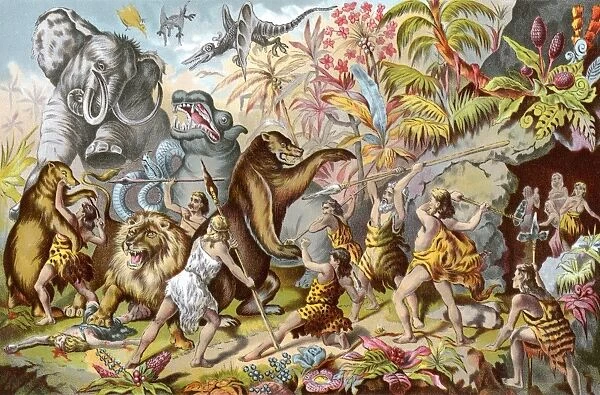 Cave men battling prehistoric beasts