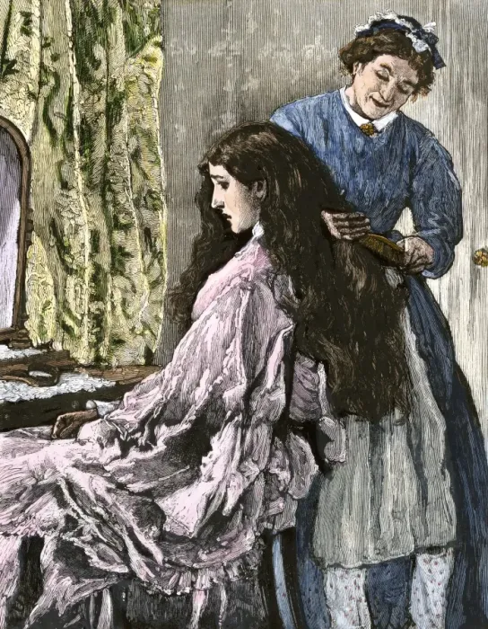Framed Print : Chambermaid arranging a young womens hair Framed Print : Chambermaid arranging a young womens hair
