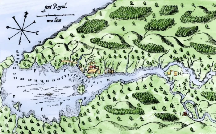 Framed Print : Champlains 1613 map of his settlement at Port Royal Framed Print : Champlains 1613 map of his settlement at Port Royal