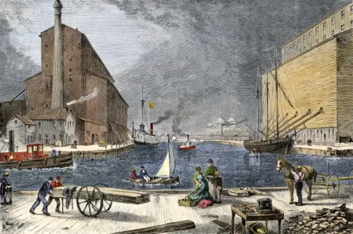 Framed Print : Chicago grain elevators loading ships, 1870s Framed Print : Chicago grain elevators loading ships, 1870s