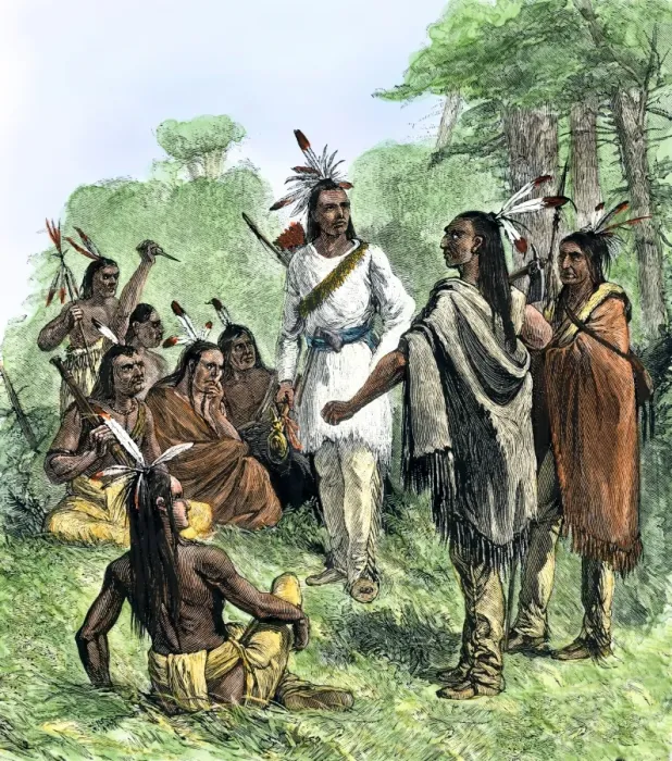 Framed Print : Chief Opecancanough arousing Native Americans against Virginia colonists Framed Print : Chief Opecancanough arousing Native Americans against Virginia colonists