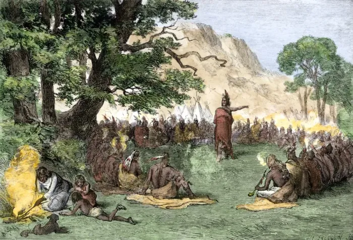 Framed Print : Chief Pontiac addressing a gathering of Native Americans Framed Print : Chief Pontiac addressing a gathering of Native Americans