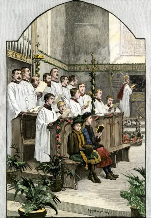 Framed Print : Christmas music in an Anglican church, 1880s Framed Print : Christmas music in an Anglican church, 1880s