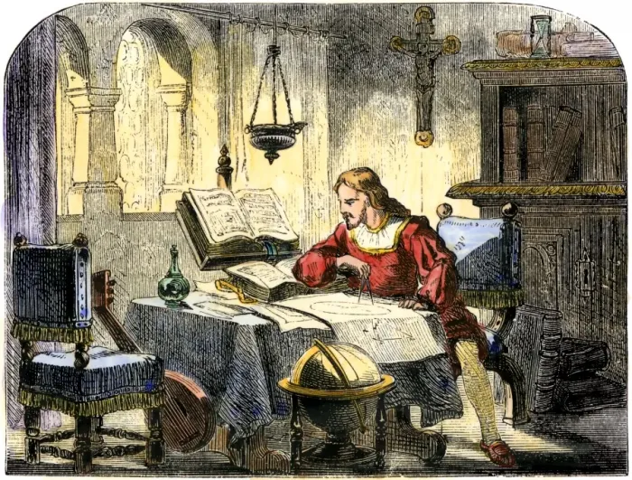 Framed Print : Christopher Columbus studying a map in his studio in Spain 1400s Framed Print : Christopher Columbus studying a map in his studio in Spain 1400s