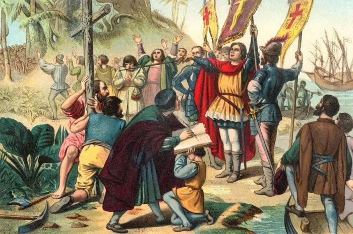 Framed Print : Christopher Columbus taking possession of the New World for Spain Framed Print : Christopher Columbus taking possession of the New World for Spain
