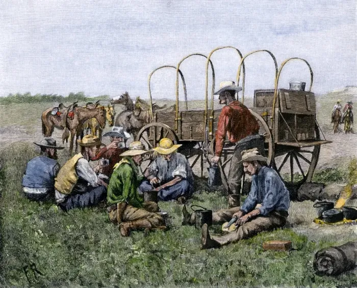 Framed Print : Chuck wagon serving cowboys their midday meal