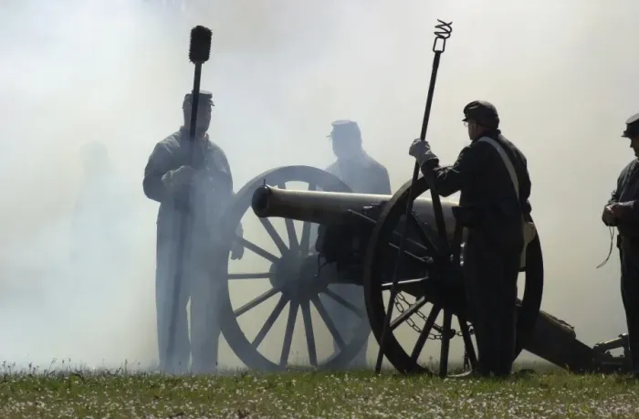 Framed Print : Civil War artillery reenactment at Shiloh battlefield, TN