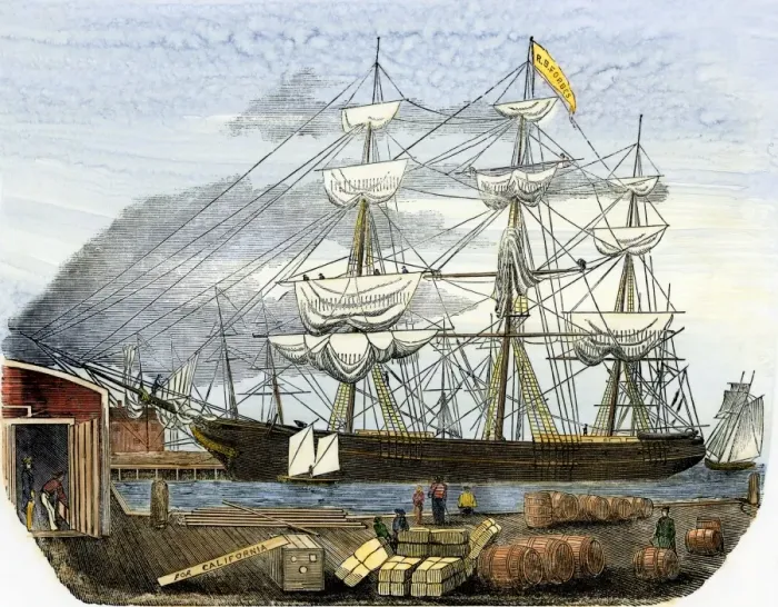 Framed Print : Clipper ship loading supplies for the California gold fields Framed Print : Clipper ship loading supplies for the California gold fields