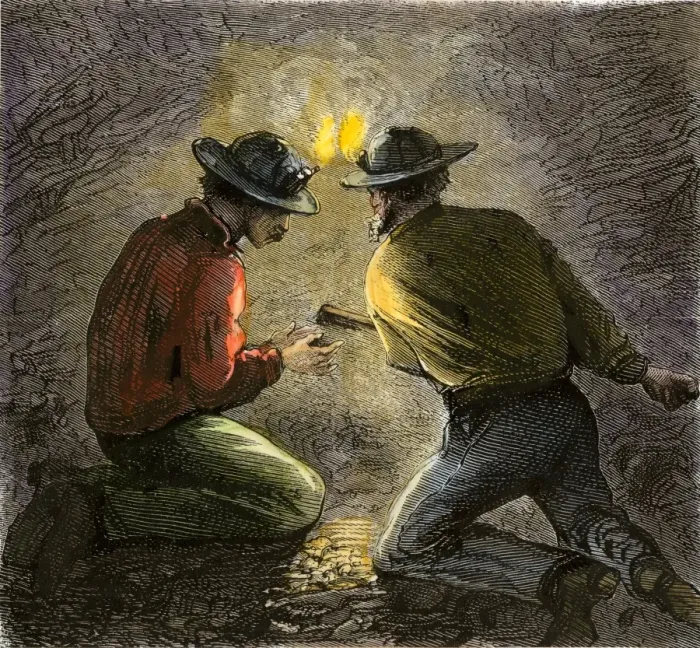 Framed Print : Coal miners tamping an explosive charge in a tunnel Framed Print : Coal miners tamping an explosive charge in a tunnel