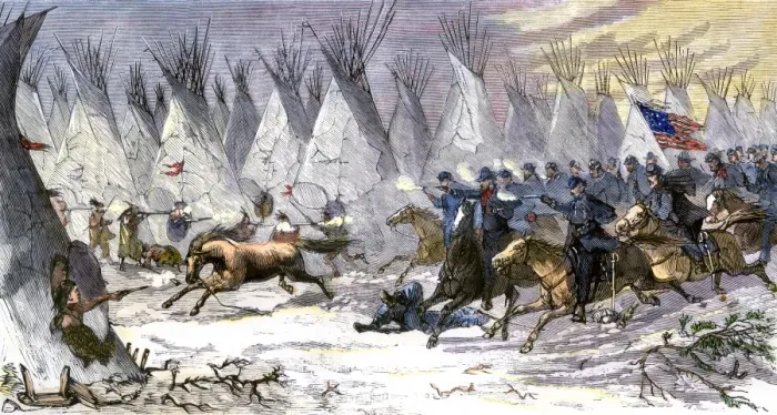 Framed Print : Colonel John Chivington leading US Cavalry massacre of Black Kettles village of