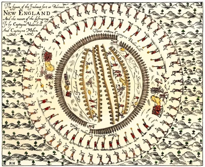 Framed Print : Colonial forces under Captain Mason destroy the principal Pequot Indian village Framed Print : Colonial forces under Captain Mason destroy the principal Pequot Indian village