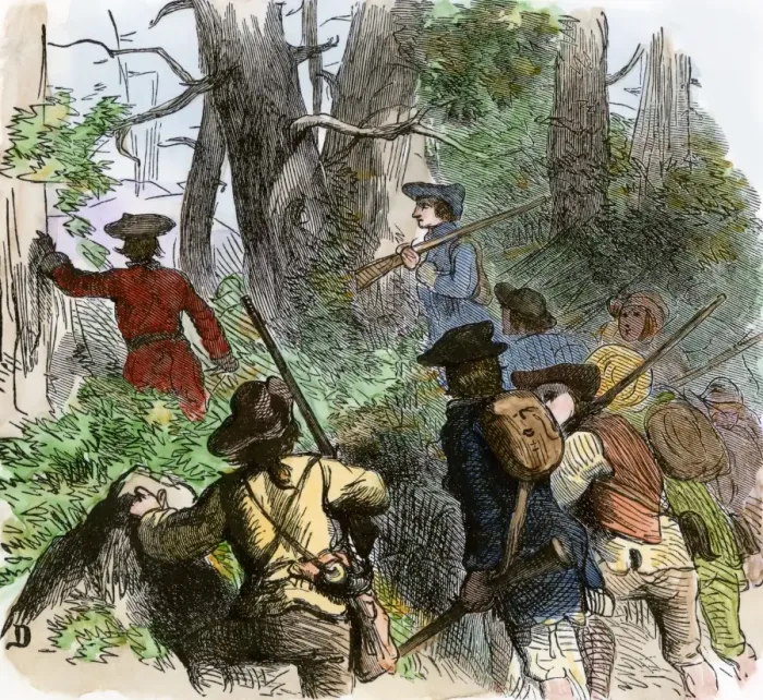 Framed Print : Colonial militia crossing the mountains during the French and Indian War Framed Print : Colonial militia crossing the mountains during the French and Indian War