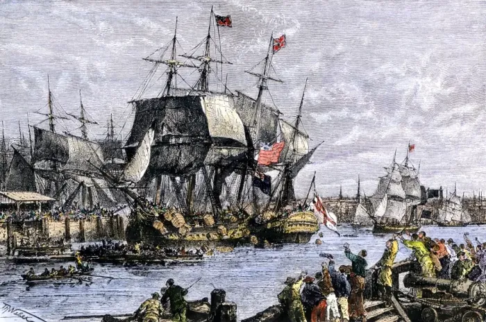 Framed Print : Colonial protestors emptying tea during the Boston tea party