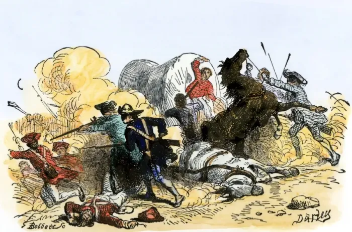 Framed Print : Colonial Regulators capturing a British supply wagon of gunpowder in North Framed Print : Colonial Regulators capturing a British supply wagon of gunpowder in North