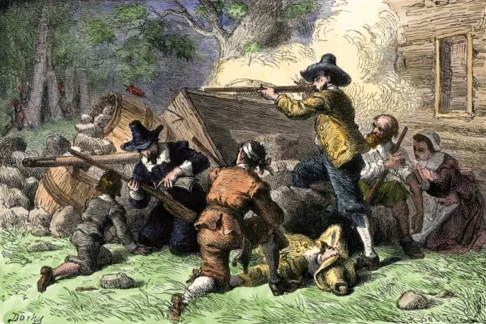 Framed Print : Colonial Virginians defending themselves from attack by Native Americans Framed Print : Colonial Virginians defending themselves from attack by Native Americans