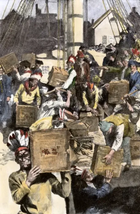 Framed Print : Colonists dressed as Indians dumping tea in Boston harbor Framed Print : Colonists dressed as Indians dumping tea in Boston harbor