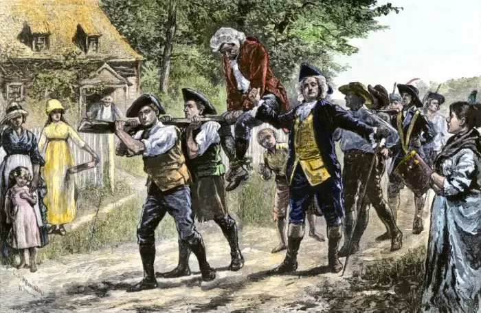 Framed Print : Colonists drumming a British loyalist out of town during the American Framed Print : Colonists drumming a British loyalist out of town during the American