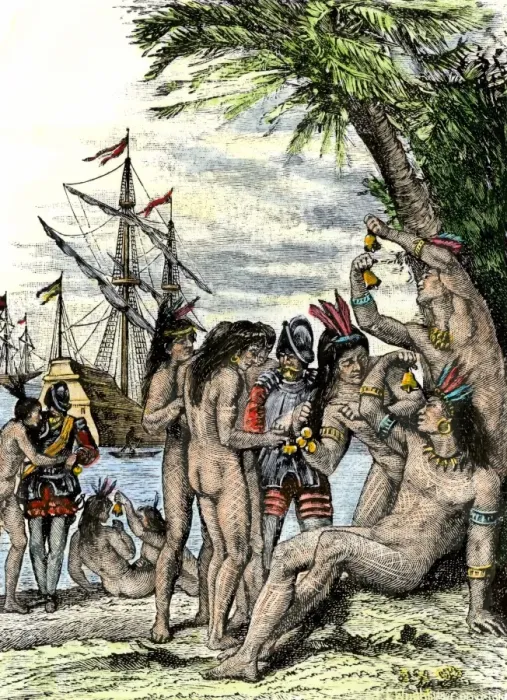 Framed Print : Columbus giving hawks bells to natives after landing in the Caribbean Framed Print : Columbus giving hawks bells to natives after landing in the Caribbean