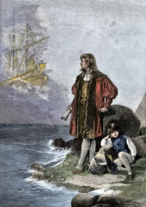 Framed Print : Columbus having visions of a ship while traveling with his son from court to Framed Print : Columbus having visions of a ship while traveling with his son from court to