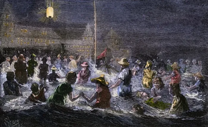 Framed Print : Coney Island beach lit by electric light, 1880s