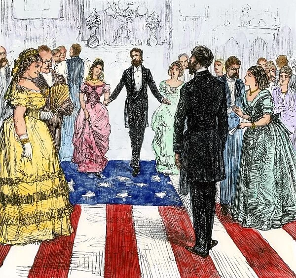 Confederate President Davis dancing on a US flag, 1862