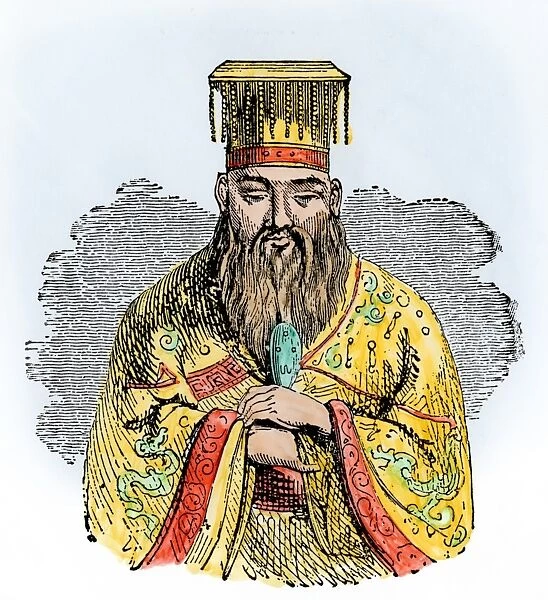 Confucius. Portrait of Confucius.. Hand-colored woodcut of a 19th-century illustration