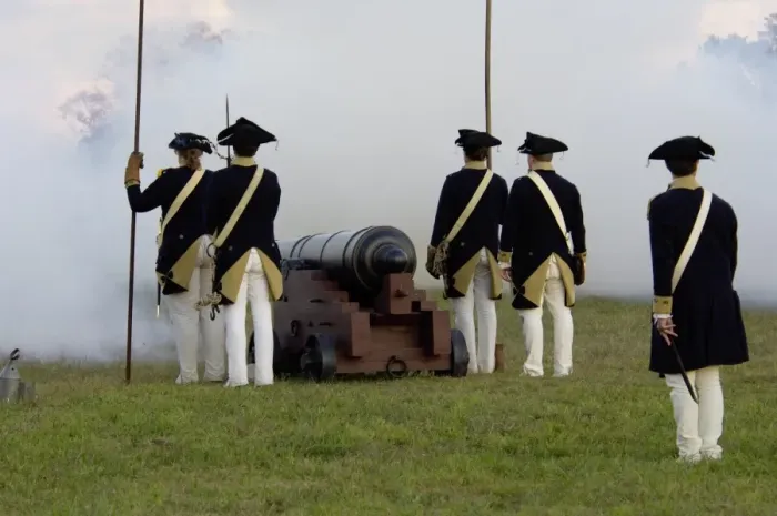 Framed Print : Continental Army reenactors firing a cannon at Yorktown battlefield Framed Print : Continental Army reenactors firing a cannon at Yorktown battlefield
