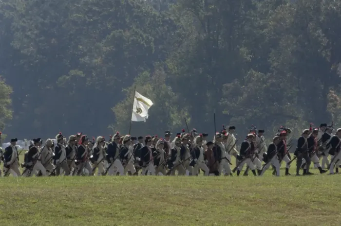 Framed Print : Continental Army soldiers reenact a march at Yorktown battlefield