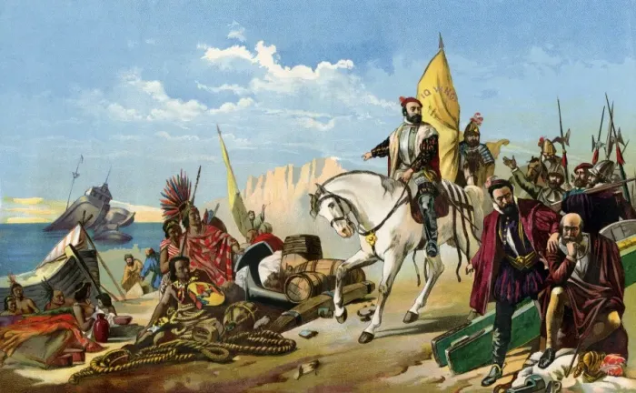 Framed Print : Cortes scuttling his ships to cut off any chance of his mens retreat after Framed Print : Cortes scuttling his ships to cut off any chance of his mens retreat after