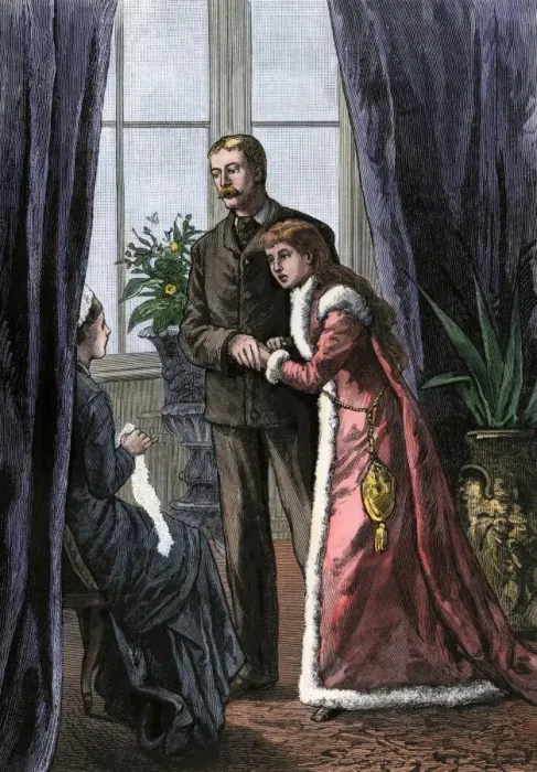 Framed Print : Couple asking permission to marry, 1800s Framed Print : Couple asking permission to marry, 1800s