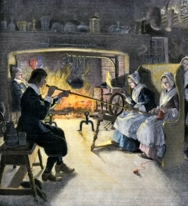 Framed Print : Courtship using a whispering rod on Halloween in colonial days Framed Print : Courtship using a whispering rod on Halloween in colonial days