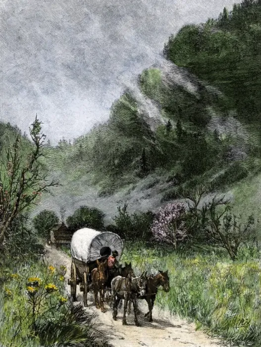 Framed Print : Covered wagon coming through Cumberland Gap on the Wilderness Road on a misty Framed Print : Covered wagon coming through Cumberland Gap on the Wilderness Road on a misty