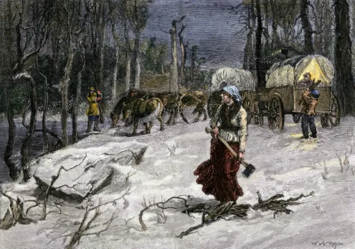 Framed Print : Covered wagon migrants in midwinter making camp for the night Framed Print : Covered wagon migrants in midwinter making camp for the night