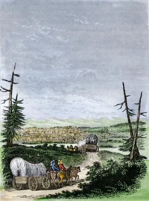 Framed Print : Covered wagons coming into Santa Fe