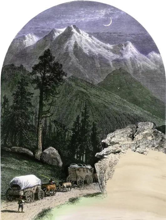Framed Print : Covered wagons crossing the mountains Framed Print : Covered wagons crossing the mountains