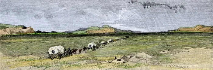 Framed Print : Covered wagons on the Oregon Trail in western Nebraska