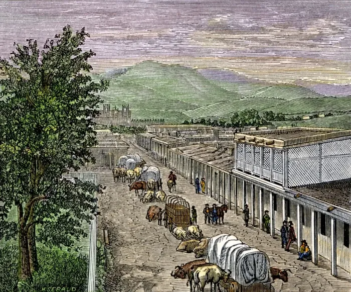 Framed Print : Covered wagons at the Plaza Framed Print : Covered wagons at the Plaza