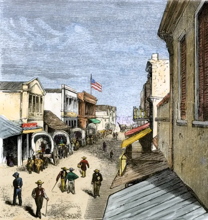 Framed Print : Covered wagons in San Antonio, Texas, 1870s Framed Print : Covered wagons in San Antonio, Texas, 1870s