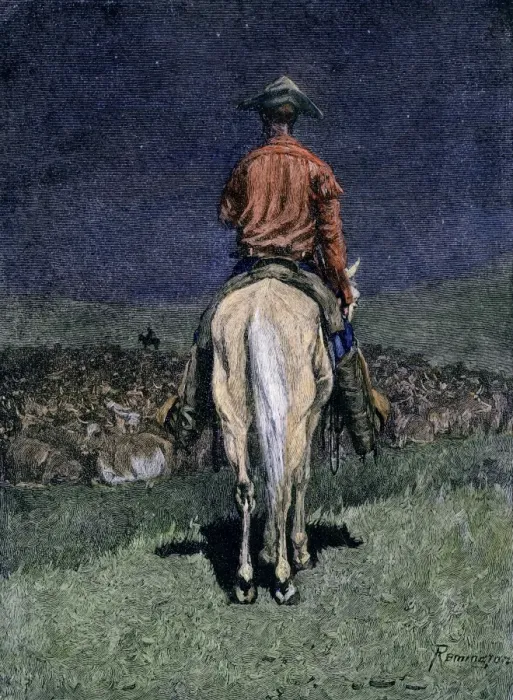 Framed Print : Cowboy watching over a cattle herd at night Framed Print : Cowboy watching over a cattle herd at night