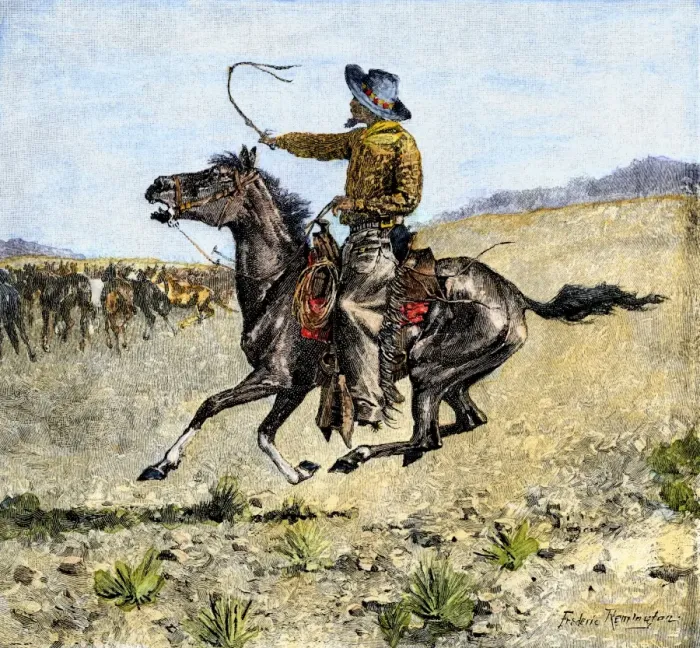 Framed Print : Cowhand rounding up cattle mixed in with the horse herd Framed Print : Cowhand rounding up cattle mixed in with the horse herd