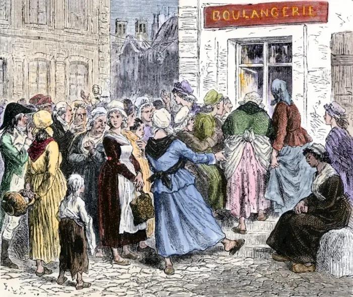 Framed Print : Crowd of angry women at the door of a bakery during the French Revolution Framed Print : Crowd of angry women at the door of a bakery during the French Revolution