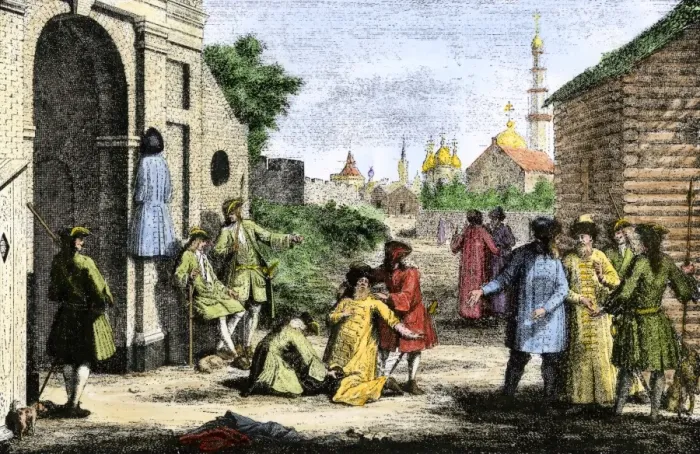 Framed Print : Cutting off the long robes of the Russian boyars by order of Peter I Framed Print : Cutting off the long robes of the Russian boyars by order of Peter I