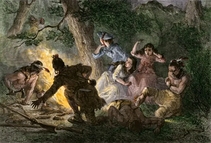 Framed Print : Daniel Boone rescues his daughter from Native American captors Framed Print : Daniel Boone rescues his daughter from Native American captors