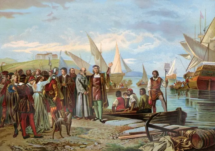 Framed Print : Departure of Columbuss first expedition from Palos Framed Print : Departure of Columbuss first expedition from Palos