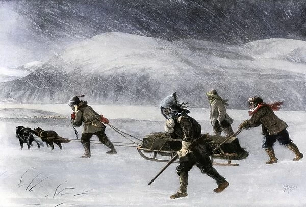 Dogsled traveling to the Alaska Gold Rush, 1898