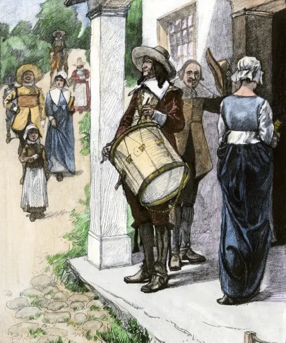 Framed Print : Drummer calling early New England colonists to church service Framed Print : Drummer calling early New England colonists to church service