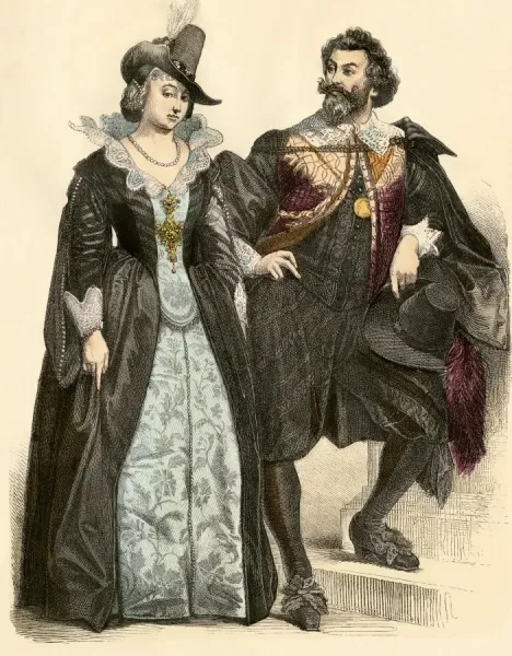 Well-to-do Dutch Couple, 17th Century Hand-Colored Print. Art