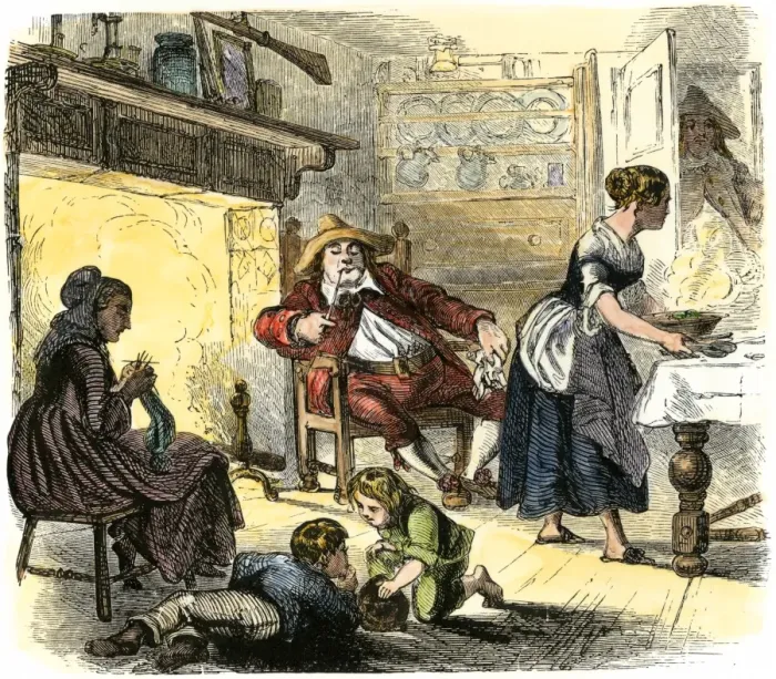Framed Print : Dutch family at home in New Netherland Framed Print : Dutch family at home in New Netherland